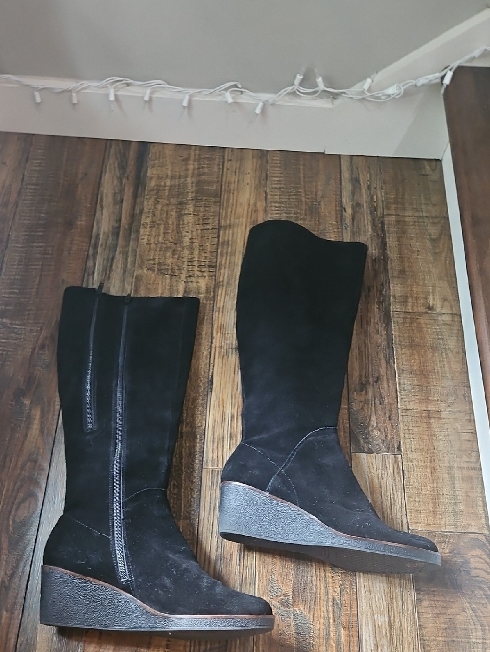 AEROSOLES Black Suede Wedge Knee High Boots‎